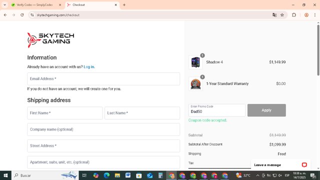 Skytech Gaming checkout page showing Skytech Gaming promo code box | Screenshot taken by SimplyCodes community member on Jul 14, 2025