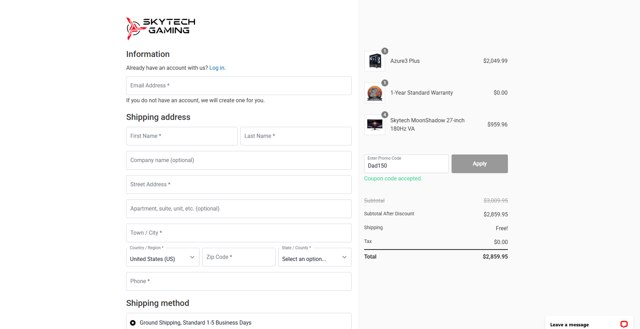Skytech Gaming checkout page showing Skytech Gaming promo code box | Screenshot taken by SimplyCodes community member on Jul 14, 2025