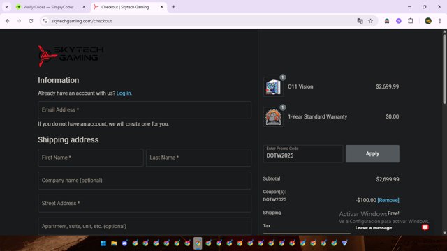 Skytech Gaming checkout page showing Skytech Gaming promo code box | Screenshot taken by SimplyCodes community member on Aug 22, 2025