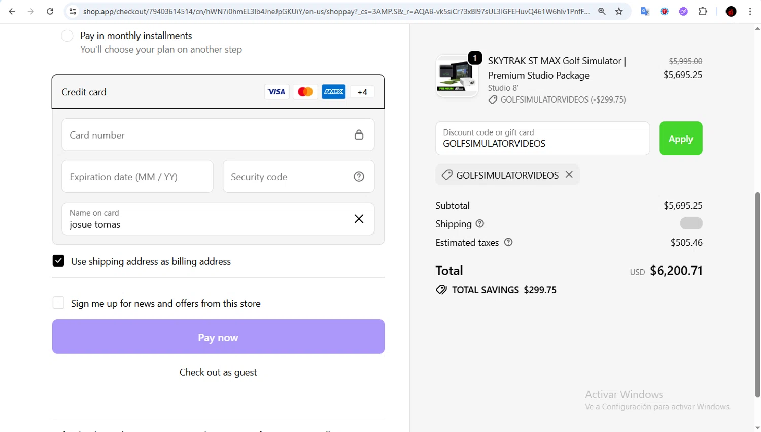SkyTrak promo code screenshot showing code GOLFSIMULATORVIDEOS applied at SkyTrak checkout page. Uploaded by SimplyCodes community member Francisco01 on Jan 17, 2026