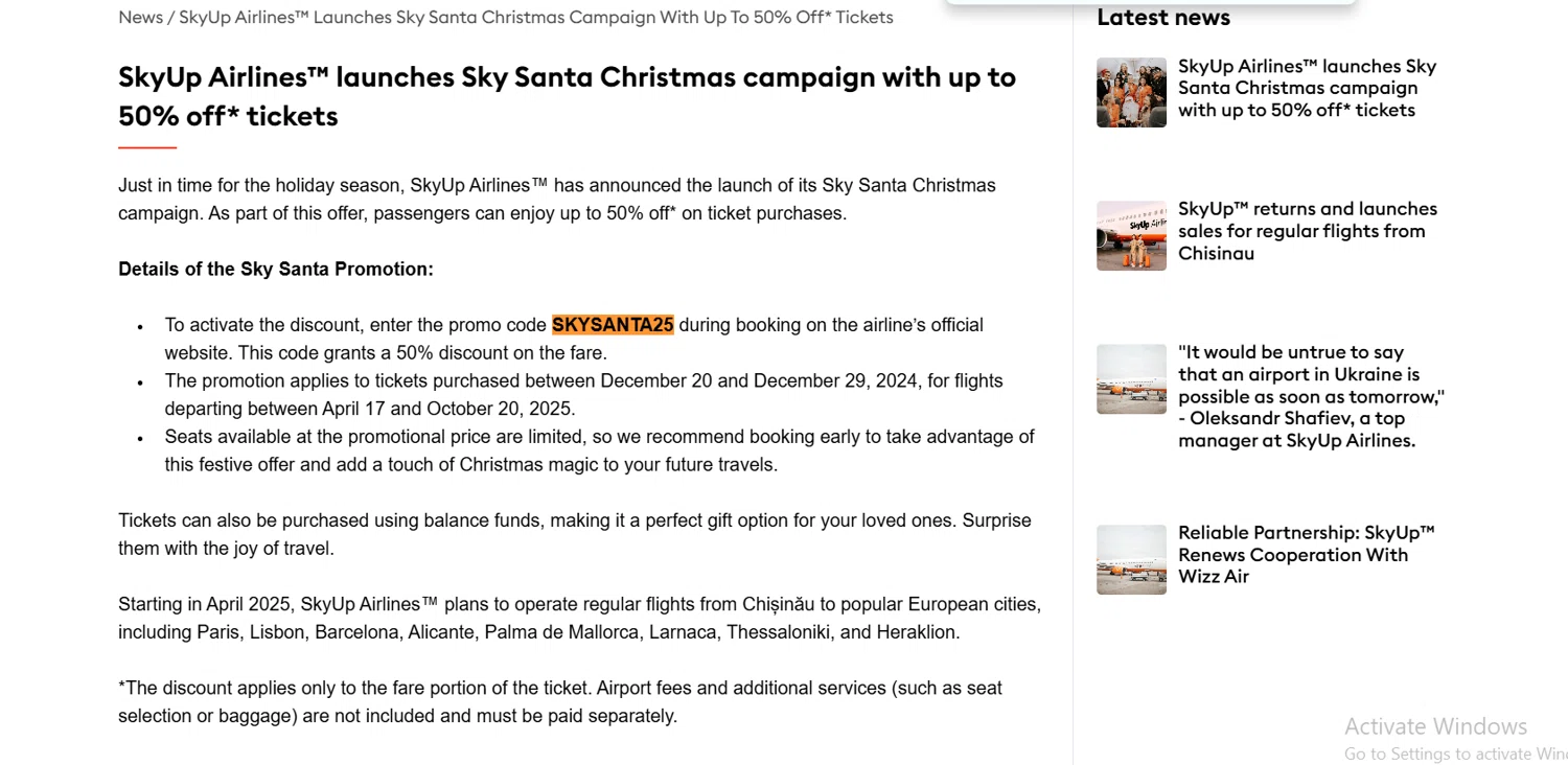 SkyUp Airlines promo code screenshot showing code SKYSANTA25 applied at SkyUp Airlines checkout page. Uploaded by SimplyCodes community member Lioniel on Dec 28, 2024