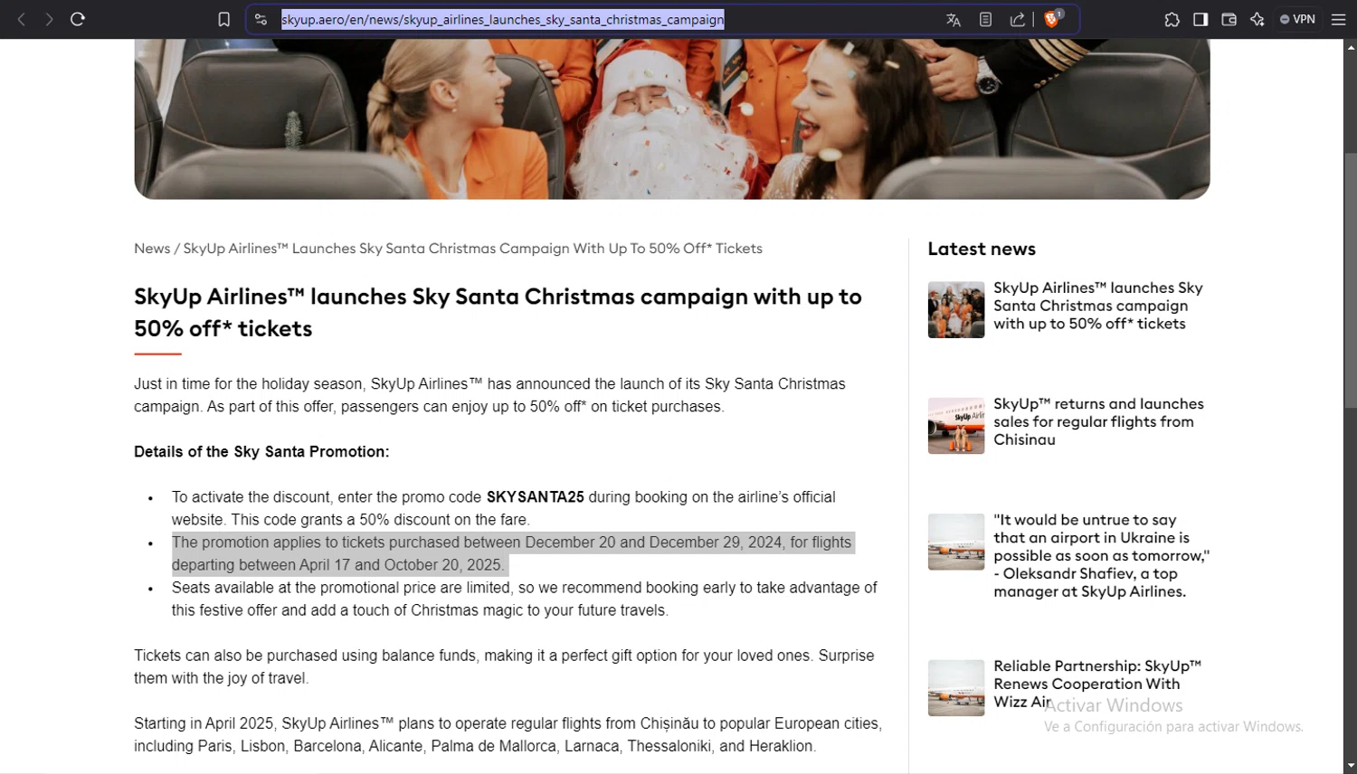 SkyUp Airlines promo code screenshot showing code SKYSANTA25 applied at SkyUp Airlines checkout page. Uploaded by SimplyCodes community member crischidy25 on Dec 27, 2024