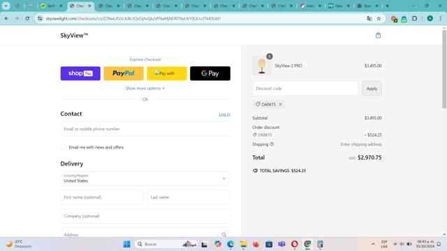 SKYVIEW checkout page showing SKYVIEW promo code box | Screenshot taken by SimplyCodes community member on Oct 1, 2024