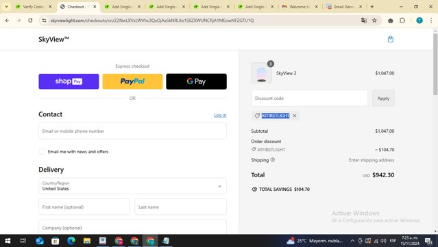 SKYVIEW checkout page showing SKYVIEW promo code box | Screenshot taken by SimplyCodes community member on Nov 15, 2024
