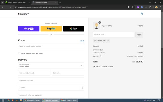 SKYVIEW checkout page showing SKYVIEW promo code box | Screenshot taken by SimplyCodes community member on Oct 17, 2024