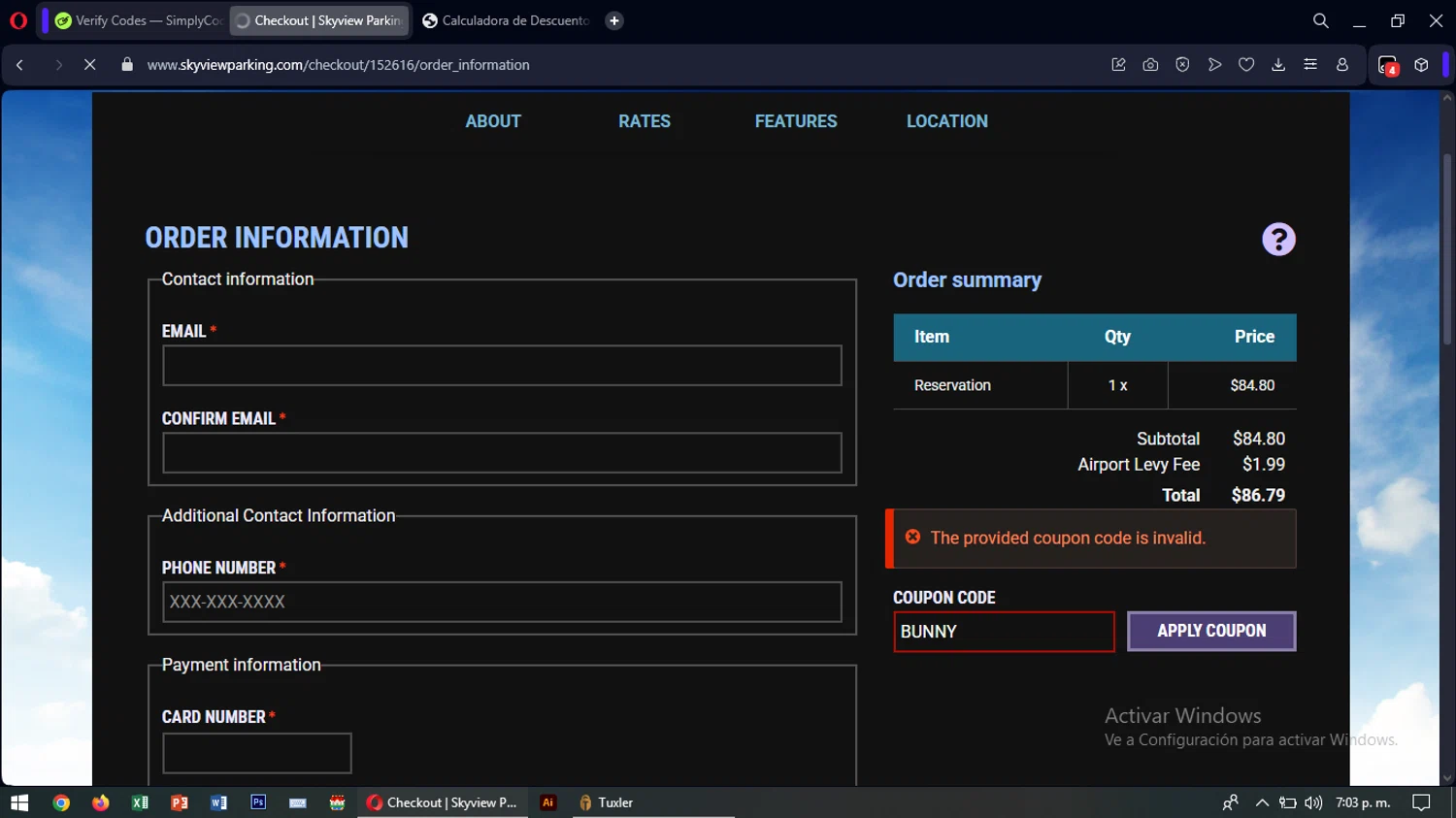 Skyview Parking promo code screenshot showing code BUNNY applied at Skyview Parking checkout page. Uploaded by SimplyCodes community member SavingsTiger3479 on Mar 23, 2025