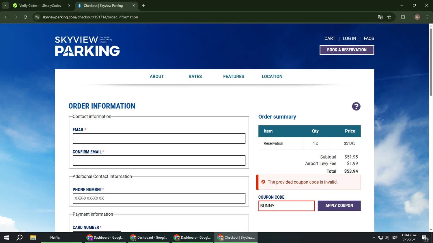 Skyview Parking promo code screenshot showing code BUNNY applied at Skyview Parking checkout page. Uploaded by SimplyCodes community member DiscountPioneer2554 on Mar 7, 2025