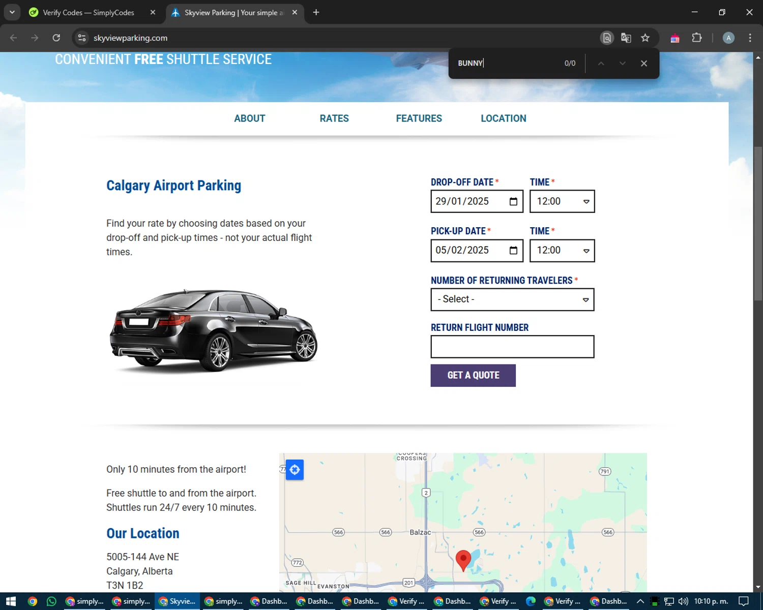 Skyview Parking promo code screenshot showing code BUNNY applied at Skyview Parking checkout page. Uploaded by SimplyCodes community member trippieredd on Mar 4, 2025