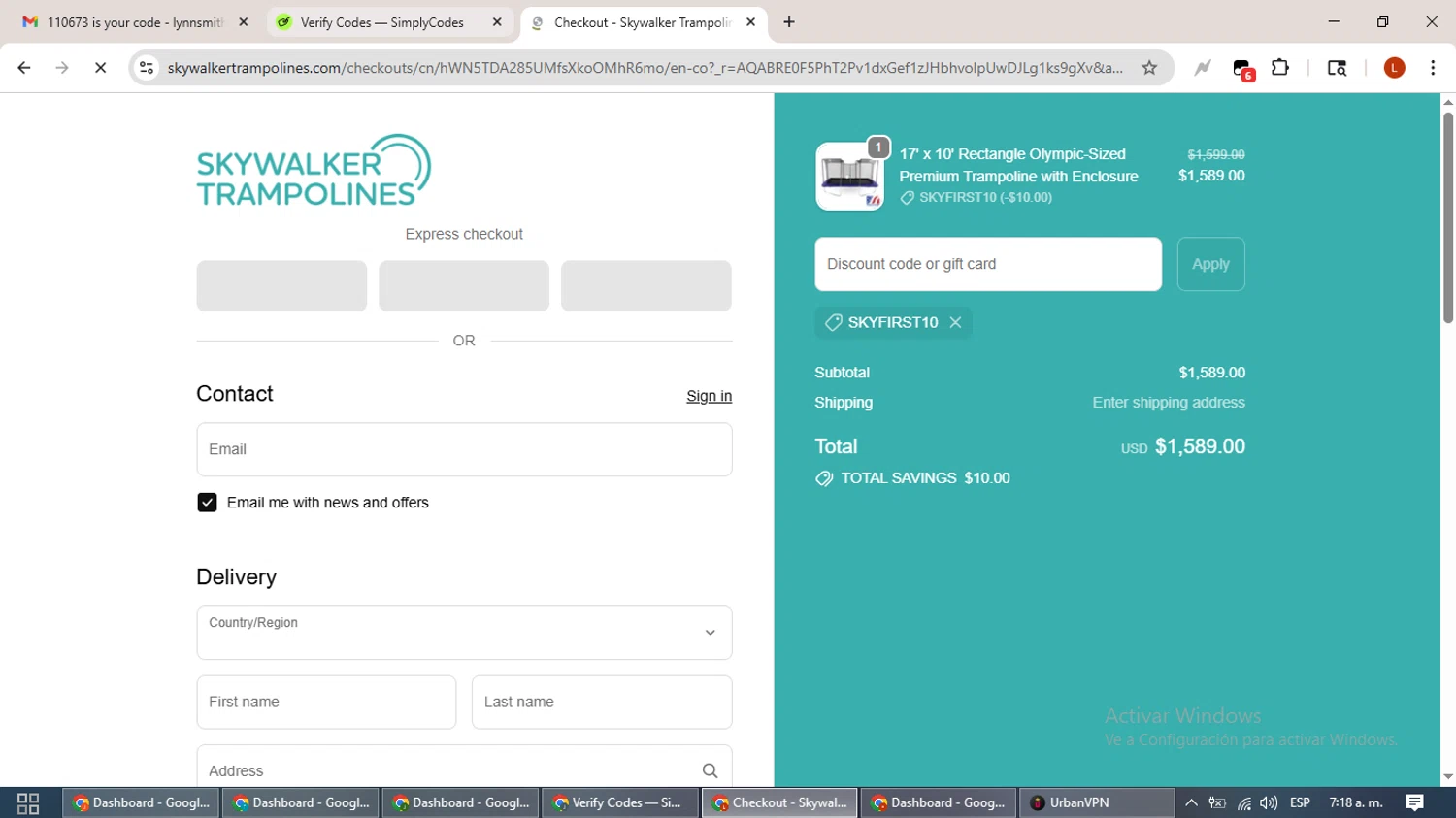 Skywalker Trampolines discount code screenshot showing code SKYFIRST10 applied at Skywalker Trampolines checkout page. Uploaded by SimplyCodes community member BonusHero9692 on Nov 19, 2025