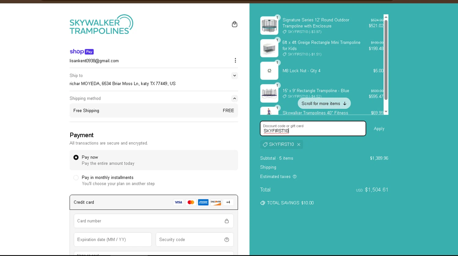 Skywalker Trampolines discount code screenshot showing code SKYFIRST10 applied at Skywalker Trampolines checkout page. Uploaded by SimplyCodes community member drevin007 on May 26, 2025