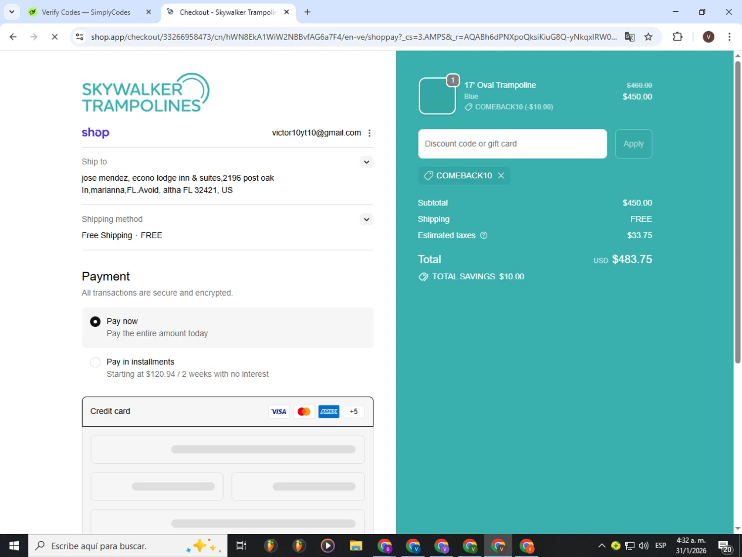 Skywalker Trampolines discount code screenshot showing code COMEBACK10 applied at Skywalker Trampolines checkout page. Uploaded by SimplyCodes community member CashLion3448 on Jan 31, 2026