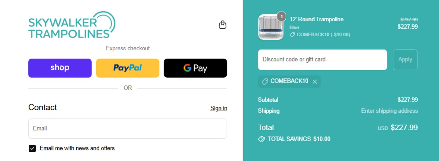 Skywalker Trampolines discount code screenshot showing code COMEBACK10 applied at Skywalker Trampolines checkout page. Uploaded by SimplyCodes community member Jhonny on Dec 4, 2025