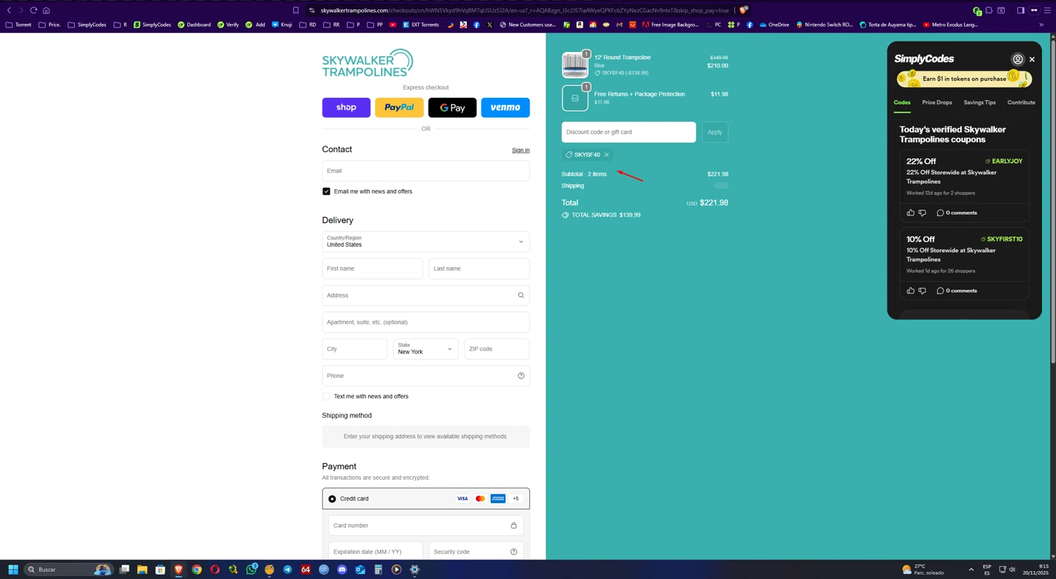 Skywalker Trampolines discount code screenshot showing code SKYBF40 applied at Skywalker Trampolines checkout page. Uploaded by SimplyCodes community member UnkNownVnzla on Nov 20, 2025