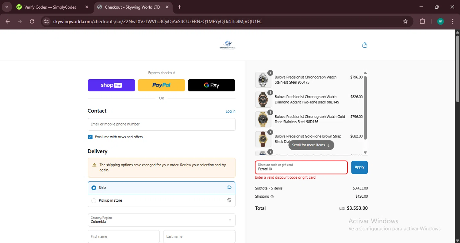 Skywing World promo code screenshot showing code Ferrari10 applied at Skywing World checkout page. Uploaded by SimplyCodes community member CrownSpotter4262 on Apr 8, 2025