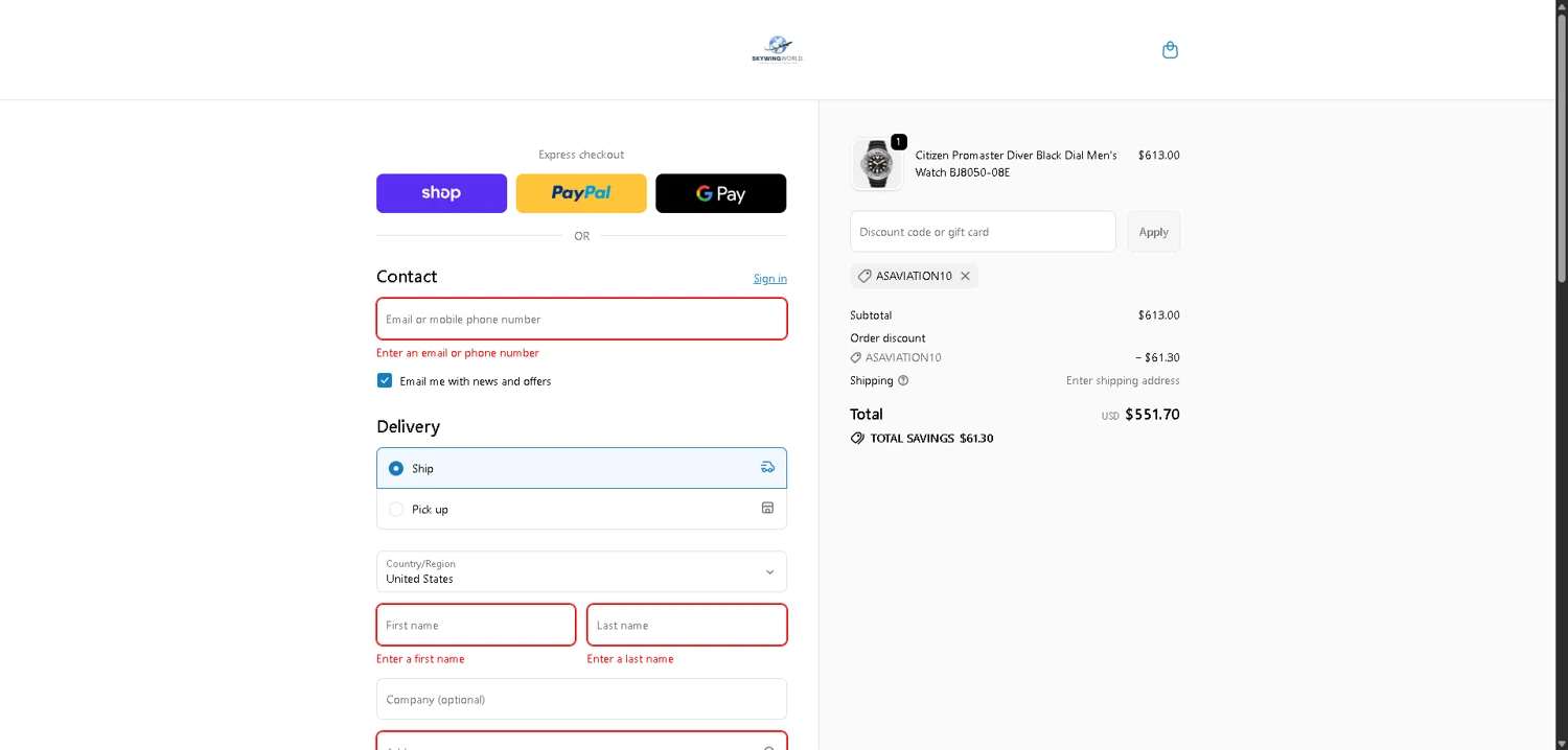 Skywing World checkout page showing Skywing World promo code box | Screenshot taken by SimplyCodes community member on Jan 15, 2026