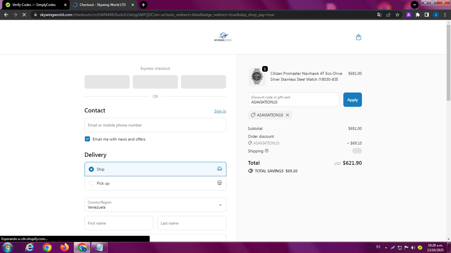 Skywing World promo code screenshot showing code ASAVIATION10 applied at Skywing World checkout page. Uploaded by SimplyCodes community member ExtraordinaryPhoenix9295 on Oct 13, 2025