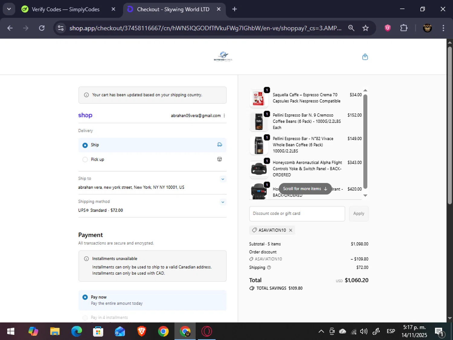 Skywing World promo code screenshot showing code ASAVIATION10 applied at Skywing World checkout page. Uploaded by SimplyCodes community member abrahanv on Nov 14, 2025