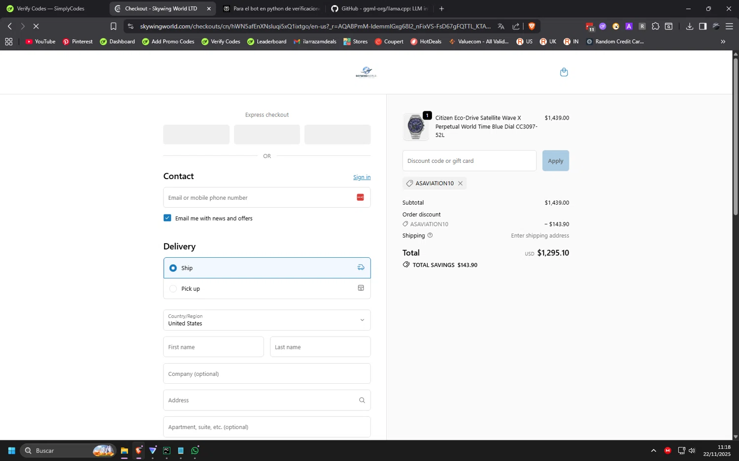 Skywing World promo code screenshot showing code ASAVIATION10 applied at Skywing World checkout page. Uploaded by SimplyCodes community member ilarrazaM1 on Nov 22, 2025