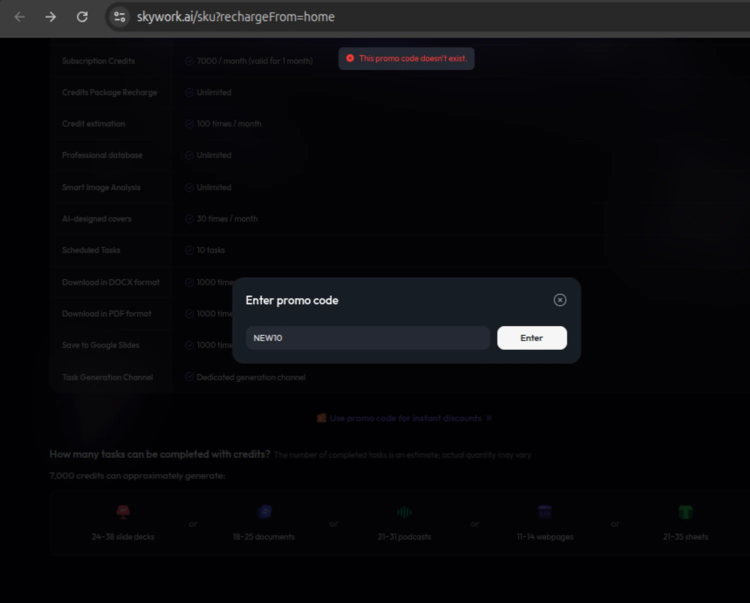 Skywork promo code screenshot showing code NEW10 applied at Skywork checkout page. Uploaded by SimplyCodes community member six_eyes on Oct 11, 2025