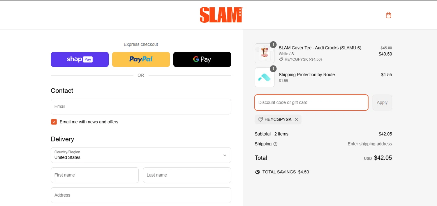 Slam discount code screenshot showing code HEYCGPYSK applied at Slam checkout page. Uploaded by SimplyCodes community member Gabrielo200 on Mar 6, 2025