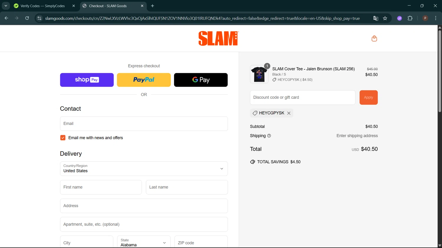 Slam discount code screenshot showing code HEYCGPYSK applied at Slam checkout page. Uploaded by SimplyCodes community member ShrewdPro2243 on Jun 12, 2025