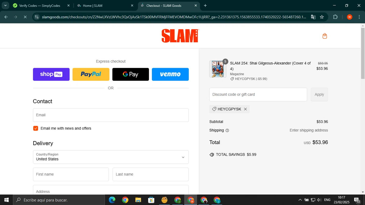 Slam discount code screenshot showing code HEYCGPYSK applied at Slam checkout page. Uploaded by SimplyCodes community member wilferji on Feb 23, 2025