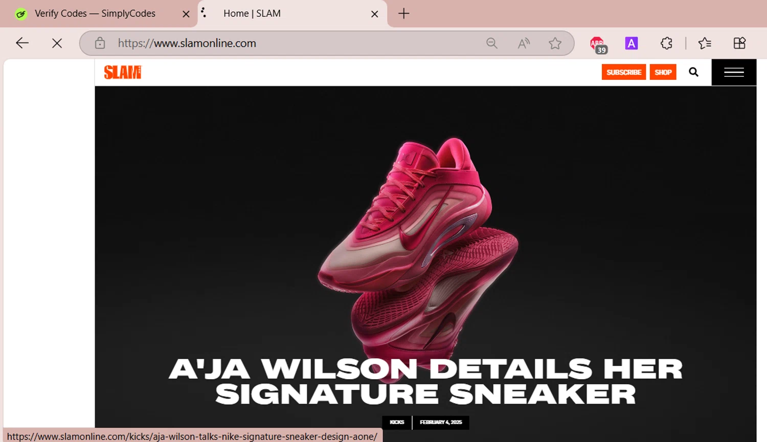 Slam discount code screenshot showing code SLAM20 applied at Slam checkout page. Uploaded by SimplyCodes community member EpicSpotter6525 on Feb 5, 2025