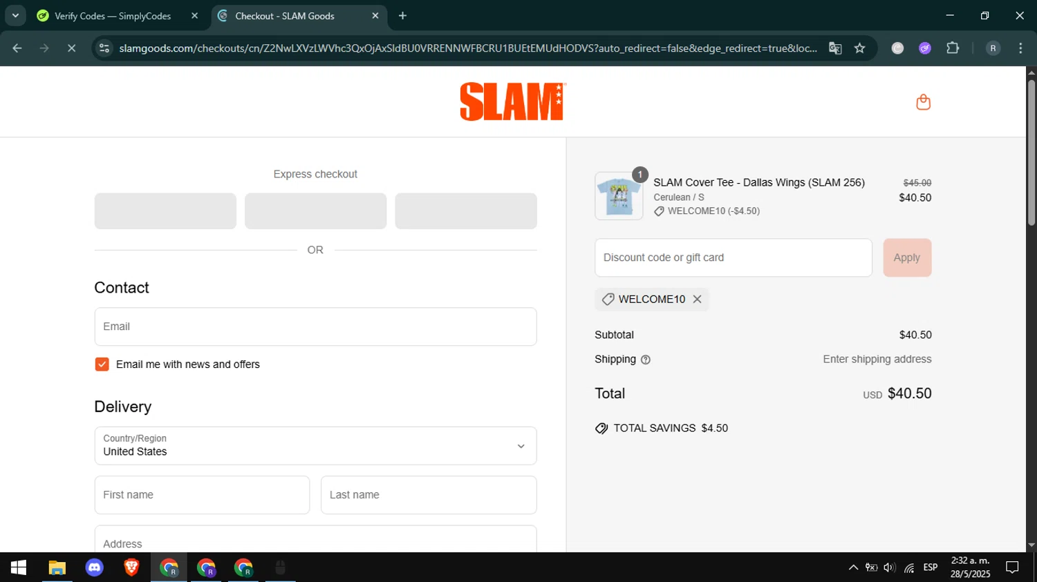 Slam discount code screenshot showing code WELCOME10 applied at Slam checkout page. Uploaded by SimplyCodes community member DealHawk3765 on May 28, 2025