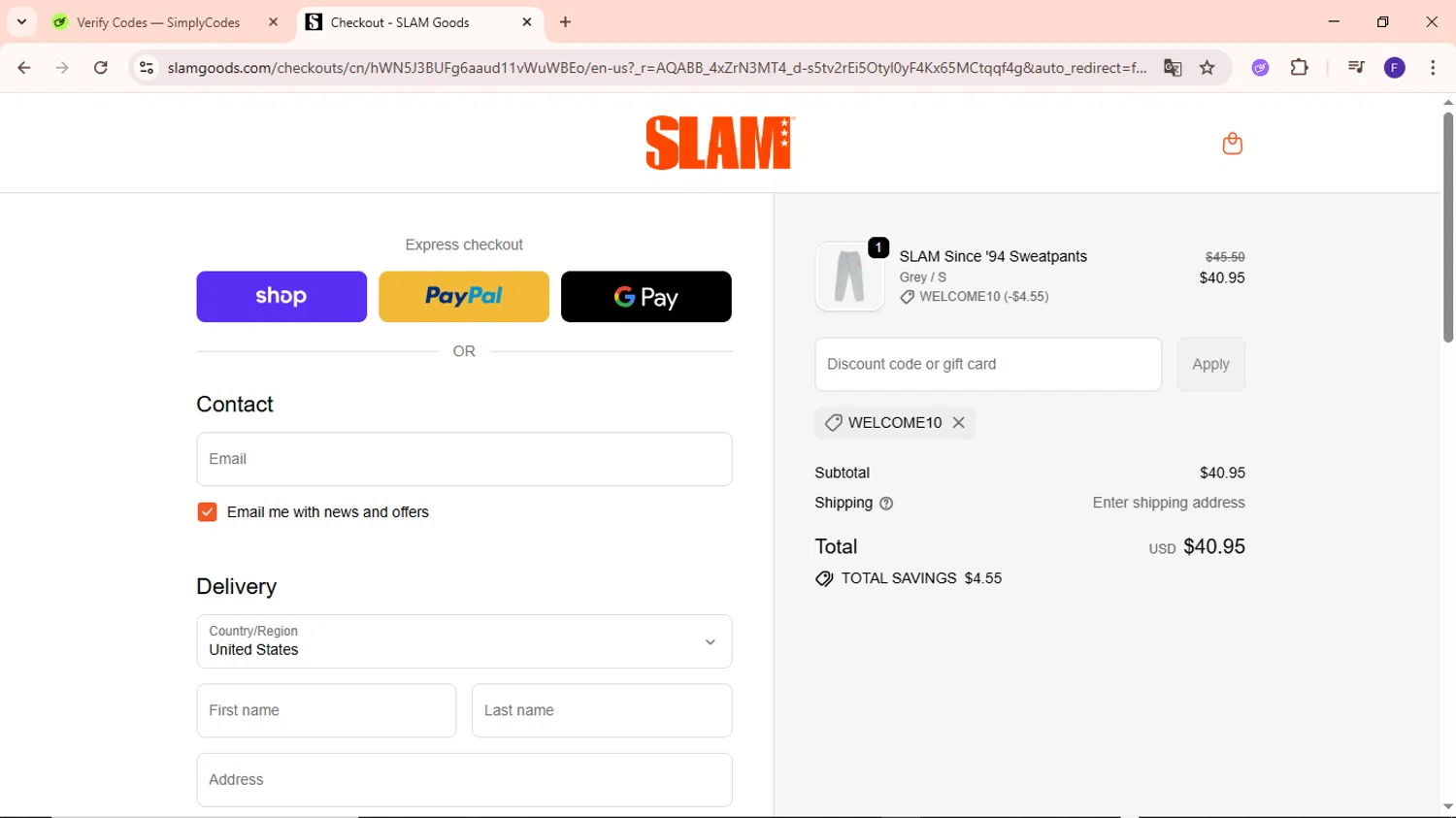 Slam discount code screenshot showing code WELCOME10 applied at Slam checkout page. Uploaded by SimplyCodes community member MightyCaptain635 on Nov 15, 2025