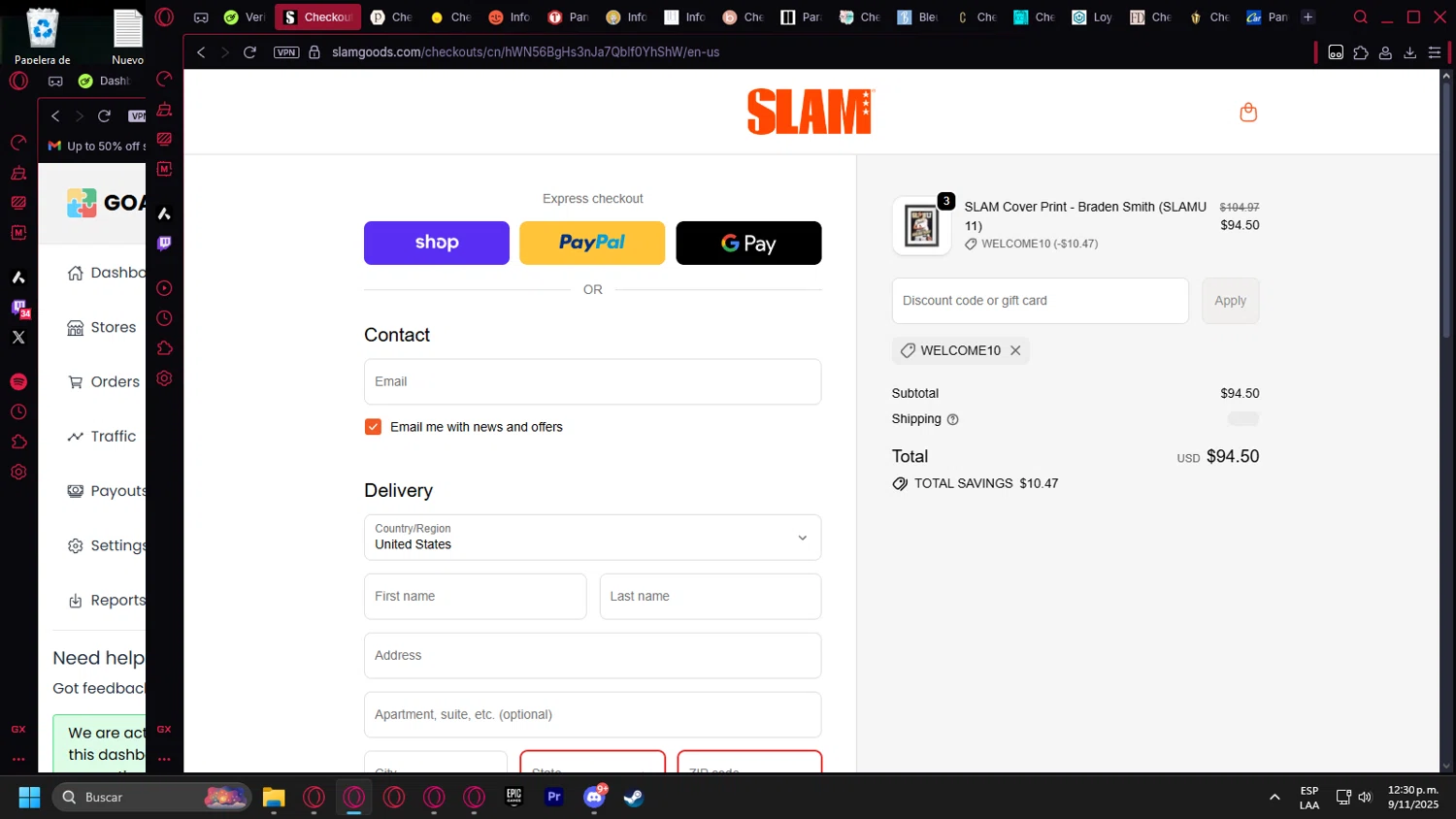 Slam discount code screenshot showing code WELCOME10 applied at Slam checkout page. Uploaded by SimplyCodes community member leonardocamacho2 on Nov 9, 2025