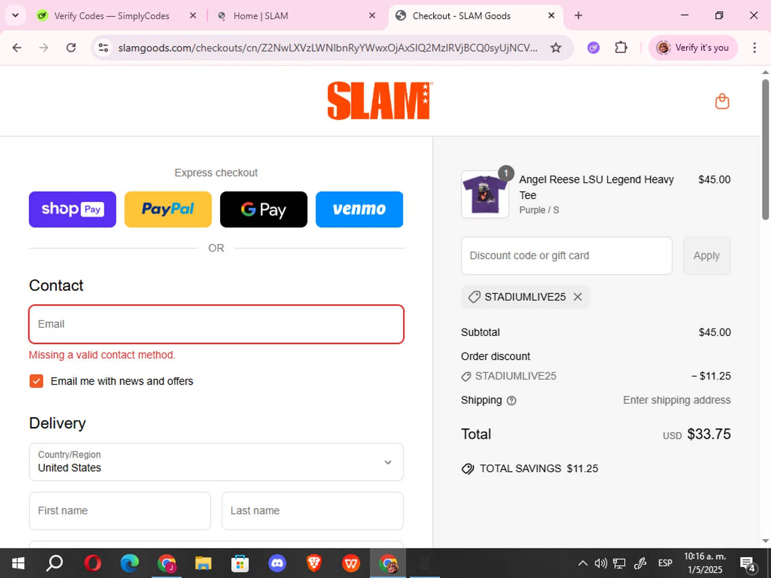 Slam discount code screenshot showing code STADIUMLIVE25 applied at Slam checkout page. Uploaded by SimplyCodes community member vergil_777 on May 1, 2025