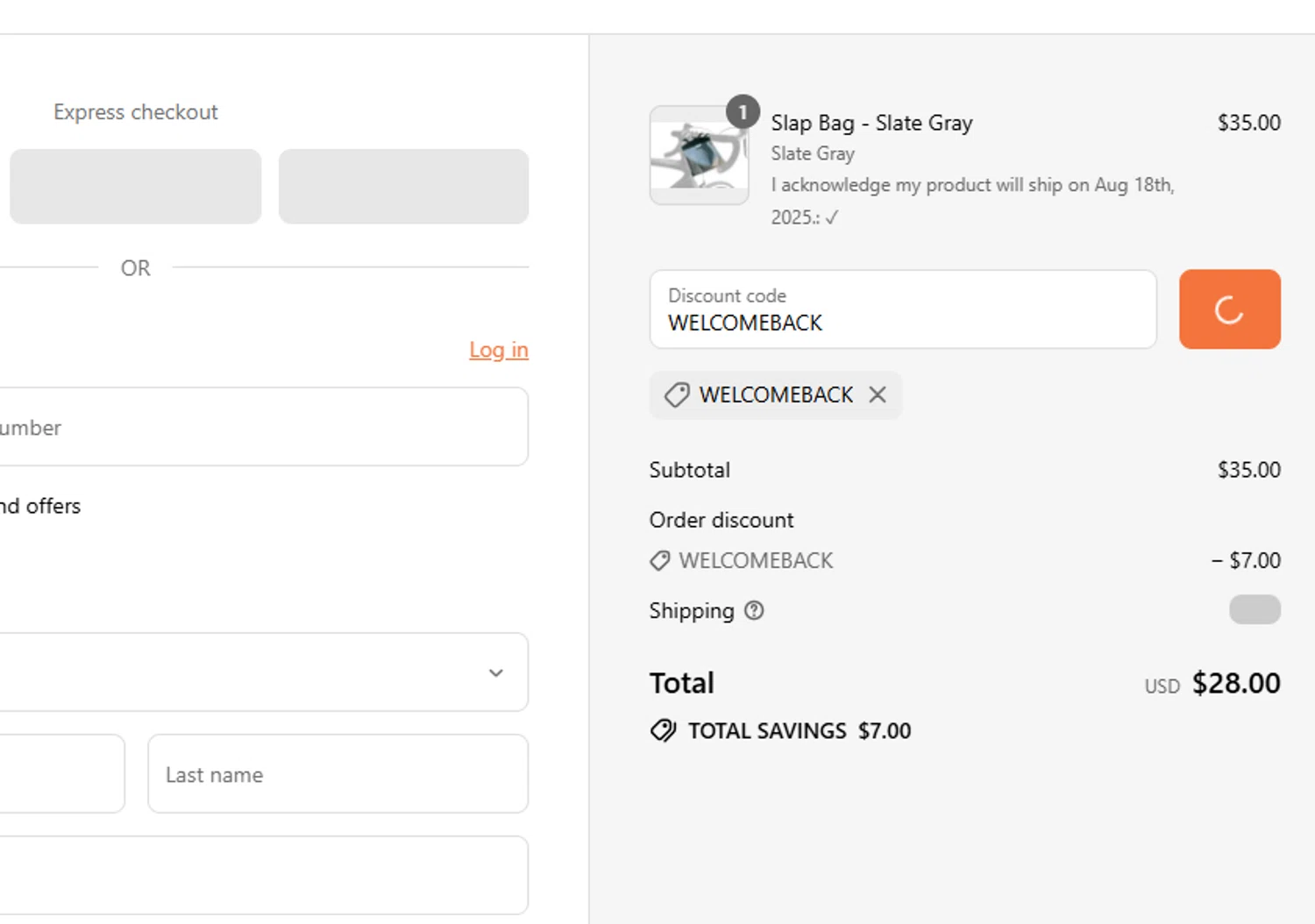 Slap Bag promo code screenshot showing code WELCOMEBACK applied at Slap Bag checkout page. Uploaded by SimplyCodes community member Kaizen on Sep 3, 2025