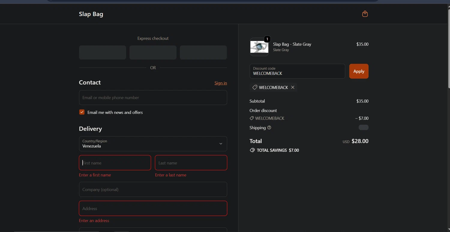 Slap Bag promo code screenshot showing code WELCOMEBACK applied at Slap Bag checkout page. Uploaded by SimplyCodes community member Nor_man on Sep 24, 2025