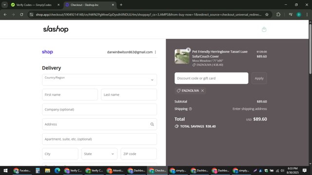 Slashop checkout page showing Slashop discount code box | Screenshot taken by SimplyCodes community member on Aug 30, 2025