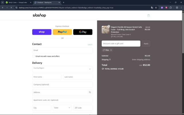 Slashop checkout page showing Slashop discount code box | Screenshot taken by SimplyCodes community member on Sep 5, 2025
