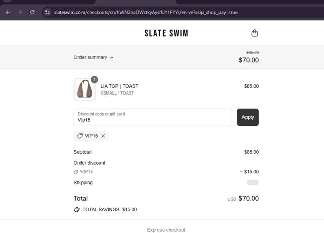 Slate Swim checkout page showing Slate Swim discount code box | Screenshot taken by SimplyCodes community member on Sep 7, 2025