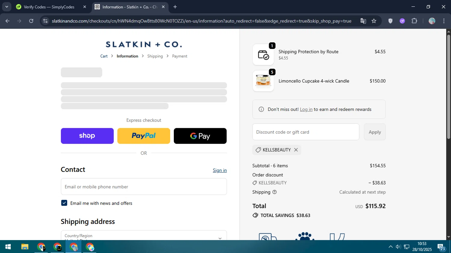 Slatkin & Co. promo code screenshot showing code KELLSBEAUTY applied at Slatkin & Co. checkout page. Uploaded by SimplyCodes community member LegendaryPro7106 on Oct 28, 2025