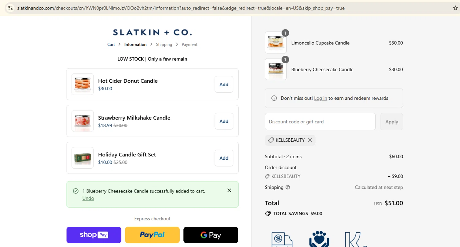 Slatkin & Co. promo code screenshot showing code KELLSBEAUTY applied at Slatkin & Co. checkout page. Uploaded by SimplyCodes community member Samugl21 on Jul 20, 2025