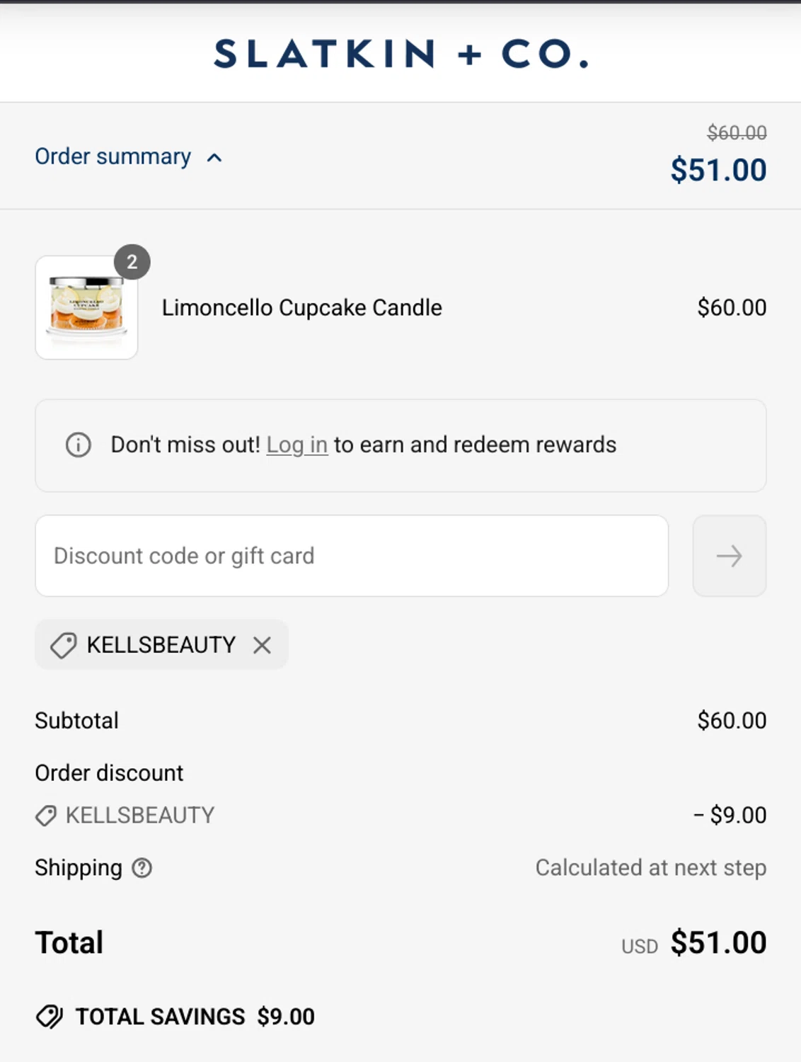 Slatkin & Co. promo code screenshot showing code KELLSBEAUTY applied at Slatkin & Co. checkout page. Uploaded by SimplyCodes community member MarkGrayson on Apr 21, 2025