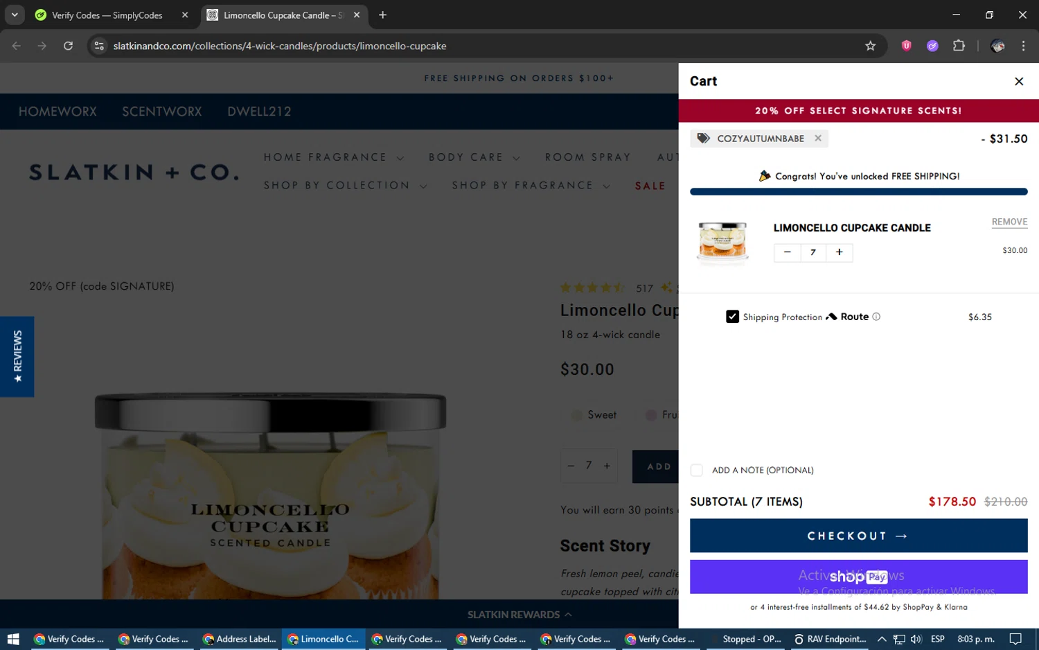 Slatkin & Co. promo code screenshot showing code COZYAUTUMNBABE applied at Slatkin & Co. checkout page. Uploaded by SimplyCodes community member NobleGenius1697 on Jun 28, 2025