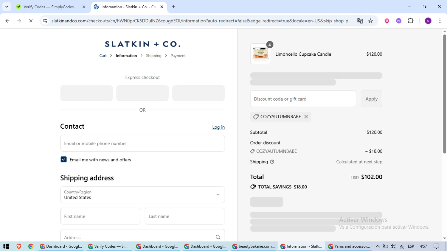 Slatkin & Co. promo code screenshot showing code COZYAUTUMNBABE applied at Slatkin & Co. checkout page. Uploaded by SimplyCodes community member SavingsWarden1053 on Jul 20, 2025