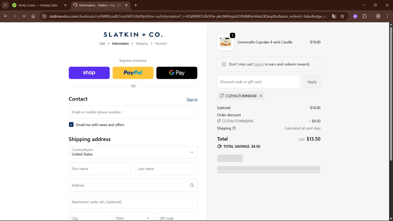 Slatkin & Co. promo code screenshot showing code COZYAUTUMNBABE applied at Slatkin & Co. checkout page. Uploaded by SimplyCodes community member WisePro3955 on Dec 1, 2025