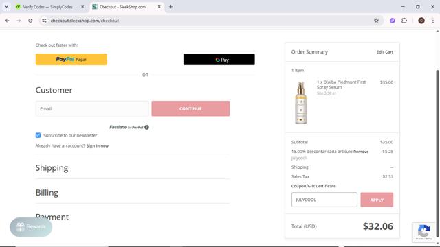 SleekHair checkout page showing SleekHair promo code box | Screenshot taken by SimplyCodes community member on Jul 6, 2025
