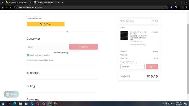SleekHair checkout page showing SleekHair promo code box | Screenshot taken by SimplyCodes community member on Jan 26, 2025