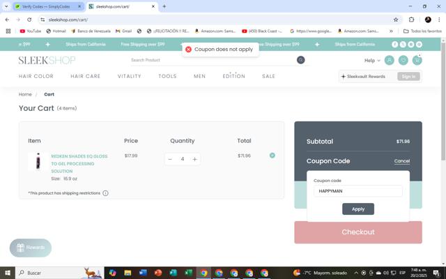 SleekHair checkout page showing SleekHair promo code box | Screenshot taken by SimplyCodes community member on Feb 20, 2025