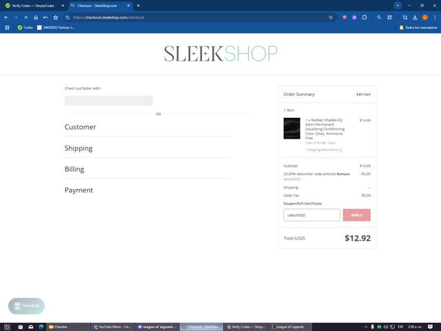 SleekHair checkout page showing SleekHair promo code box | Screenshot taken by SimplyCodes community member on Aug 29, 2025
