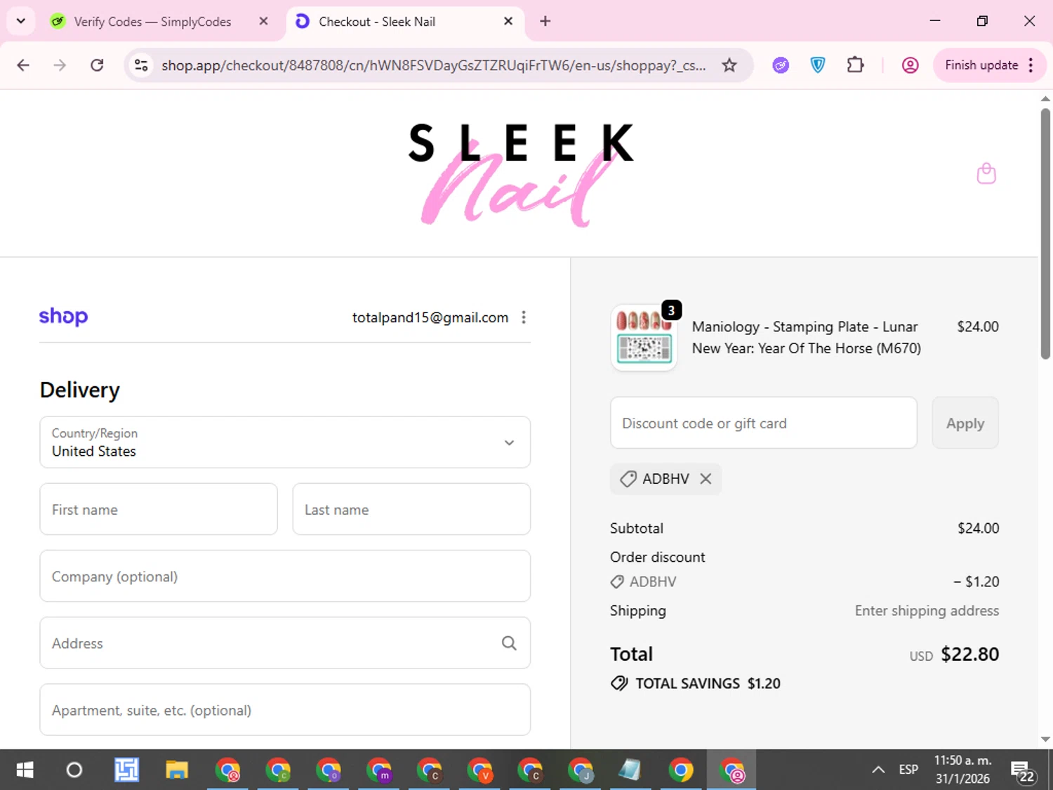 Sleek Nail promo code screenshot showing code ADBHV applied at Sleek Nail checkout page. Uploaded by SimplyCodes community member QuestCurator1644 on Jan 31, 2026