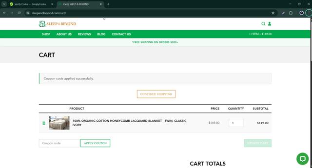 Sleep & Beyond checkout page showing Sleep & Beyond coupon code box | Screenshot taken by SimplyCodes community member on Sep 15, 2025
