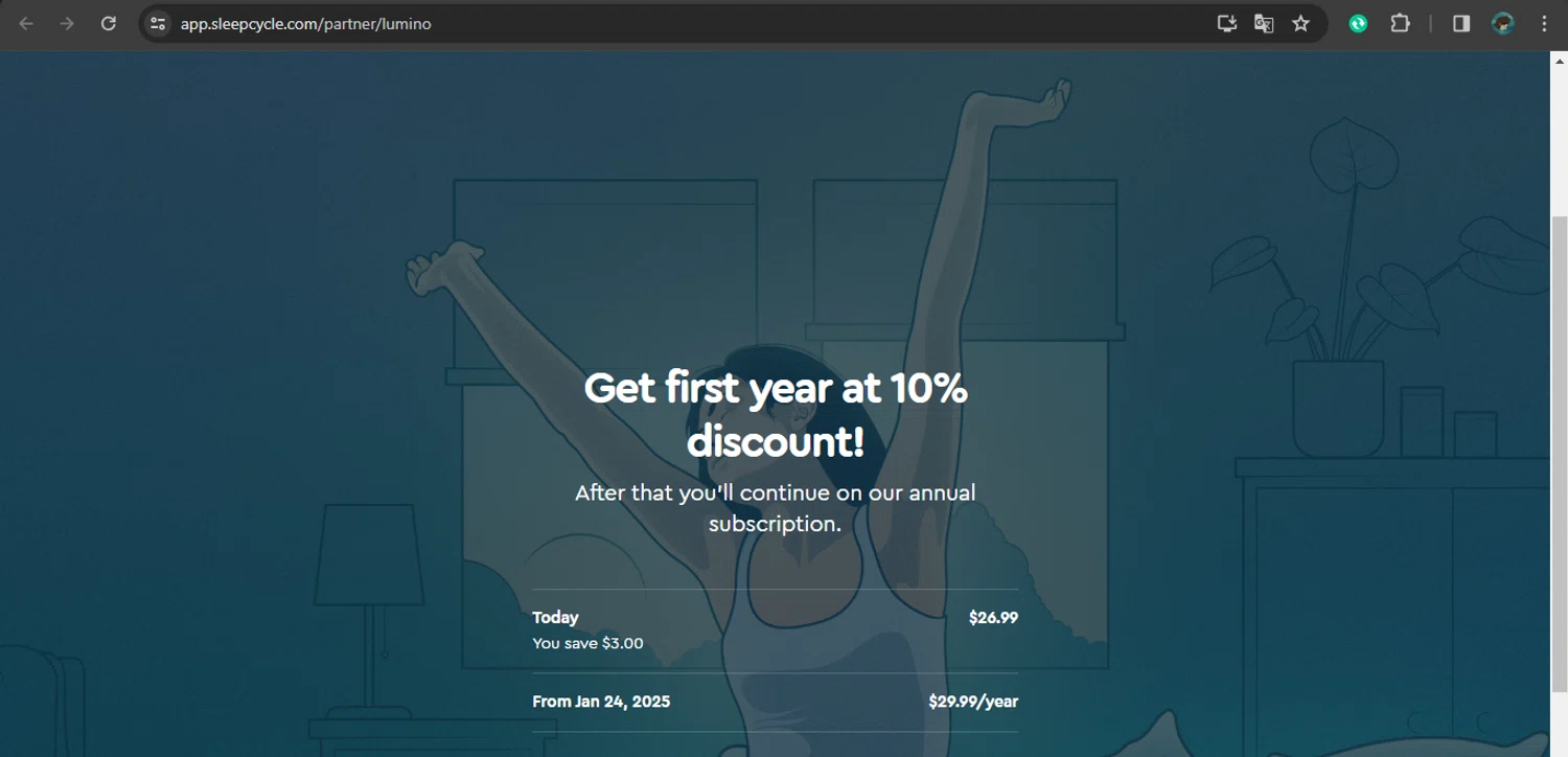 Sleep Cycle checkout page showing Sleep Cycle promo code box | Screenshot taken by SimplyCodes community member on Jan 24, 2024