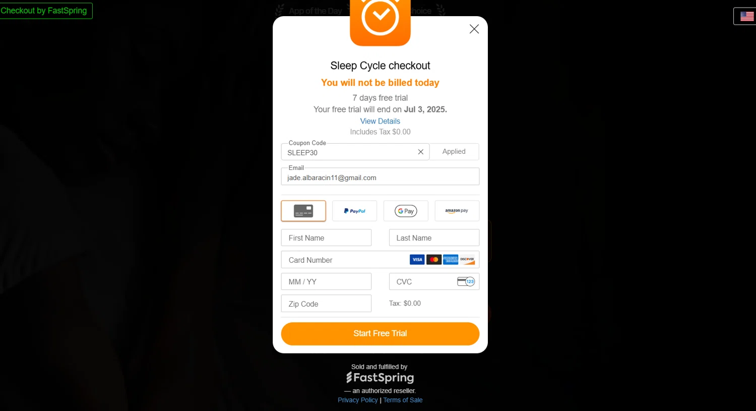 Sleep Cycle promo code screenshot showing code SLEEP30 applied at Sleep Cycle checkout page. Uploaded by SimplyCodes community member jade5416625024720 on Jun 27, 2025